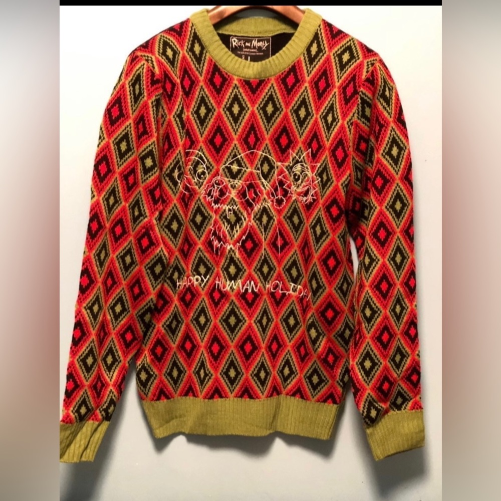 Rick & Morty  Ugly Christmas party comic  ARGYLE Sweater mens XL NEW